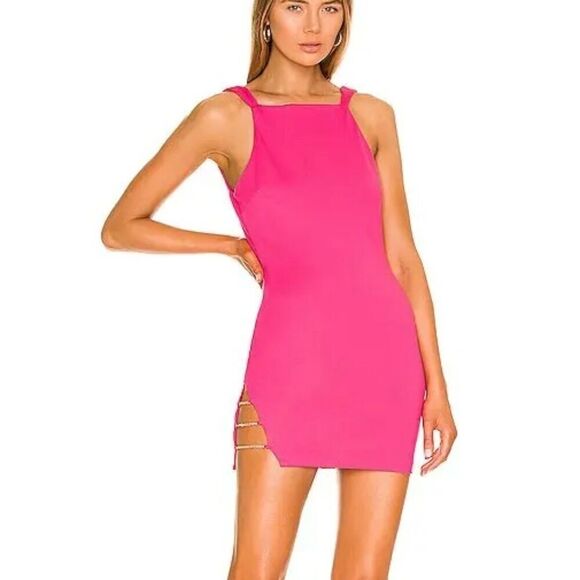 H:ours Cassia Mini Dress Size XS Fuchsia Ponte Open Back Chain Link - Picture 1 of 10